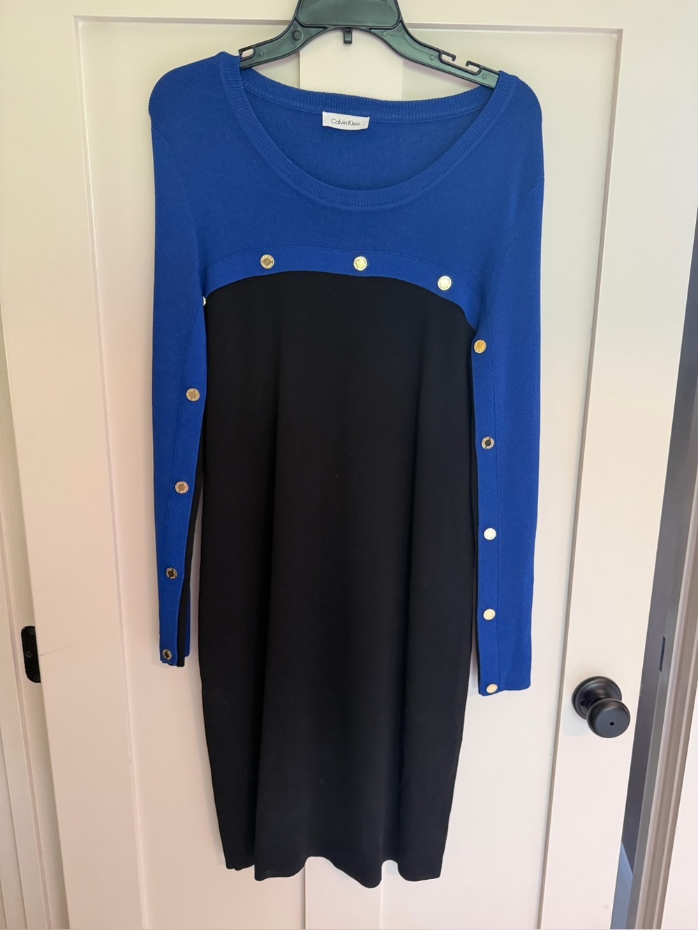 Calvin Klein Royal Blue and Black Long Sleeve Button-Trim Dress